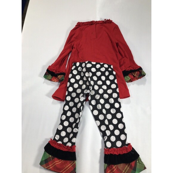 Rare Too Xmas Outfit Girls 3t Polka Dot Plaid Pant Red Top Reindeer Ruffle Hems - Picture 6 of 6